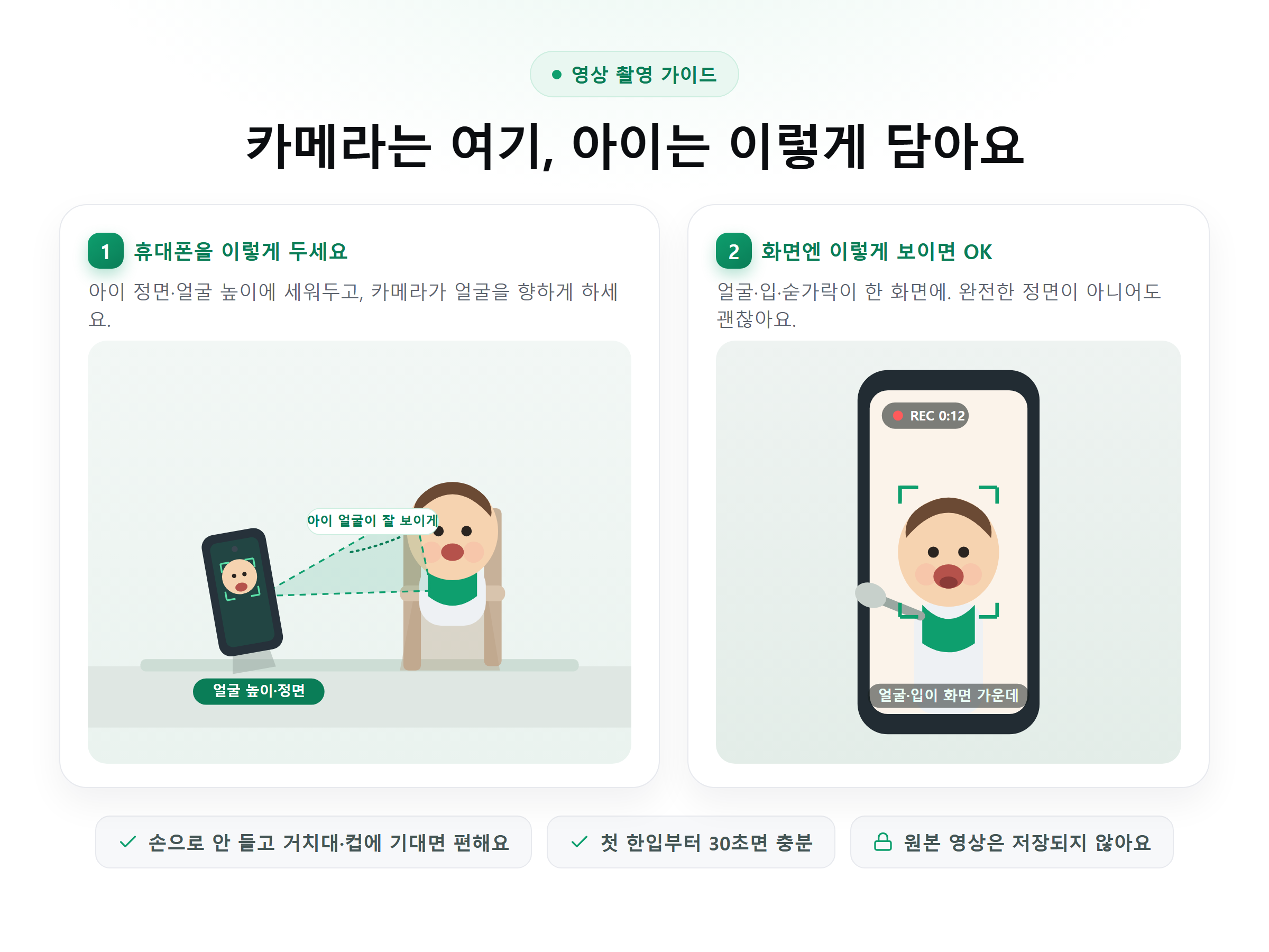 촬영 가이드: 1) 휴대폰을 아이 정면·얼굴 높이에 세워 카메라가 얼굴을 향하게 두세요 2) 화면에 얼굴·입·숟가락이 한 화면에 들어오면 OK (완전한 정면 아니어도 됨). 손으로 안 들고 거치대·컵에 기대고, 첫 한입부터 30초면 충분, 원본 영상은 저장되지 않아요.